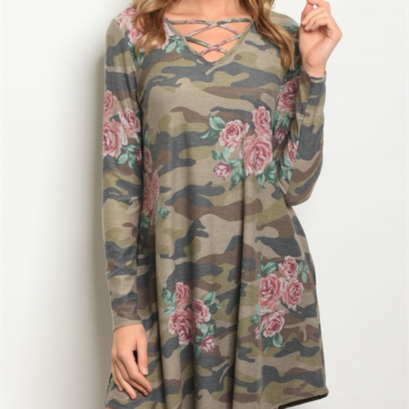 OLIVE FLORAL CAMO DRESS - Picture 2 of 5